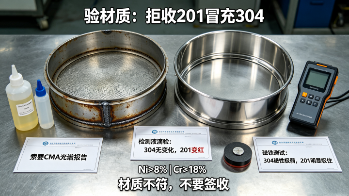 旋振筛材质鉴别图解，201 冒充 304 不锈钢，光谱 CMA 报告、检测液、磁铁测试实操对比