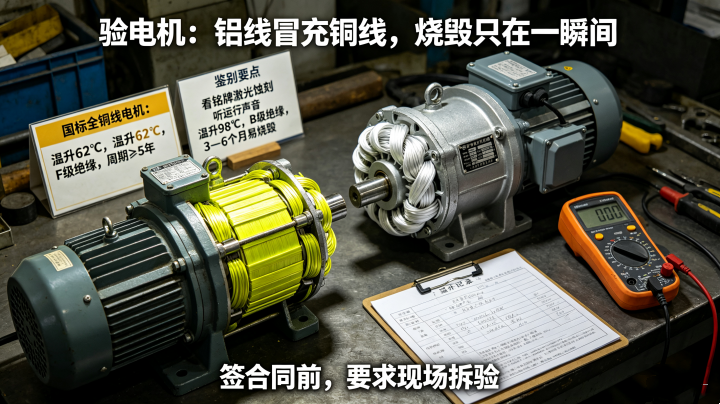 旋振筛振动电机鉴别，全铜线圈和铝线线圈对比，YZU 振动电机铭牌，负载温升测试科普