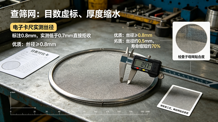 旋振筛筛网质量检测，电子卡尺测量筛网丝径，目数虚标、丝径缩水，子母网贴合度对比