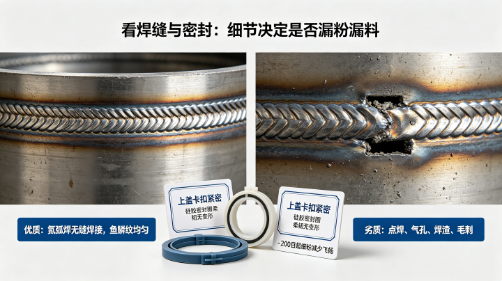 旋振筛焊缝密封对比图，优质鱼鳞纹氩弧焊 vs 劣质虚焊气孔，硅胶密封圈防尘密封实拍