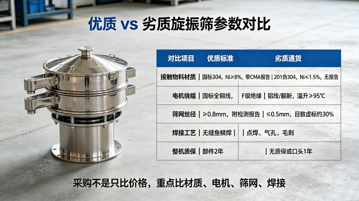 优质与劣质旋振筛参数对比表，材质电机筛网焊接质保多维度采购对比图解